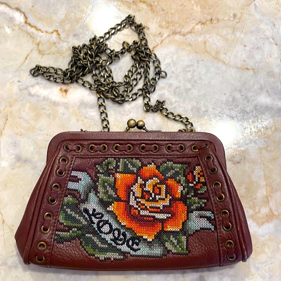 Isabella Fiore Handbags - ISABELLA FIORE Brown leather and needlepoint bag with Love stitching on front.